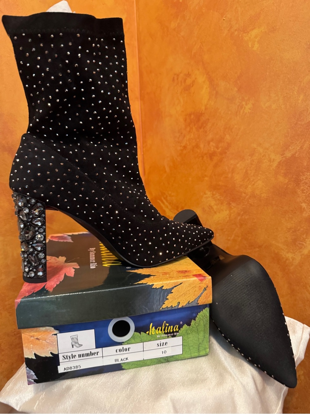 Italina Black Studded Ankle Boots with Jeweled Block Heel